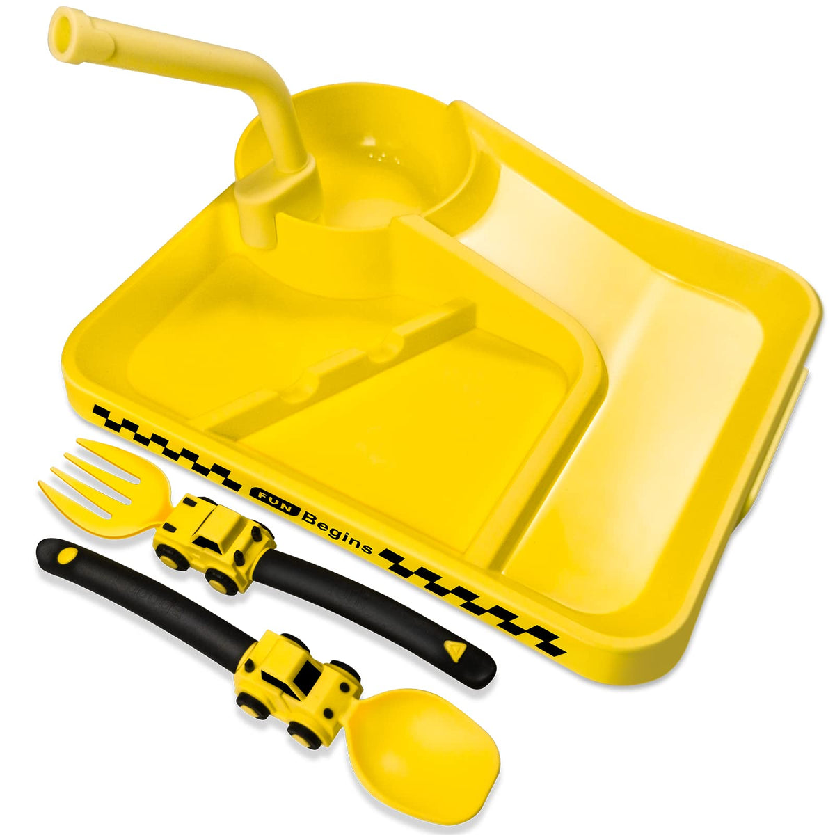 Toddler Plates - Toddler eating Utensil set with Spoon Fork and Removable Straw - construction theme Toddler Utensils - Baby Pla