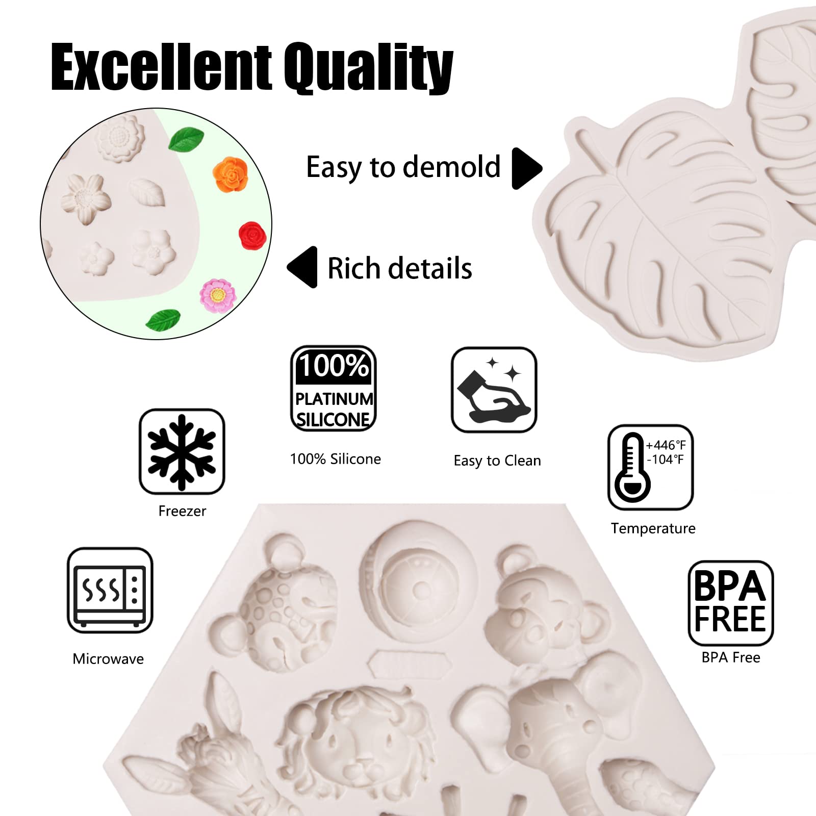 Safari Animal Fondant Molds 4 Pcs, Jungle Tropical Leaf Chocolate Silicone Molds For Baking, Cake Decorations, Cupcake Toppers,
