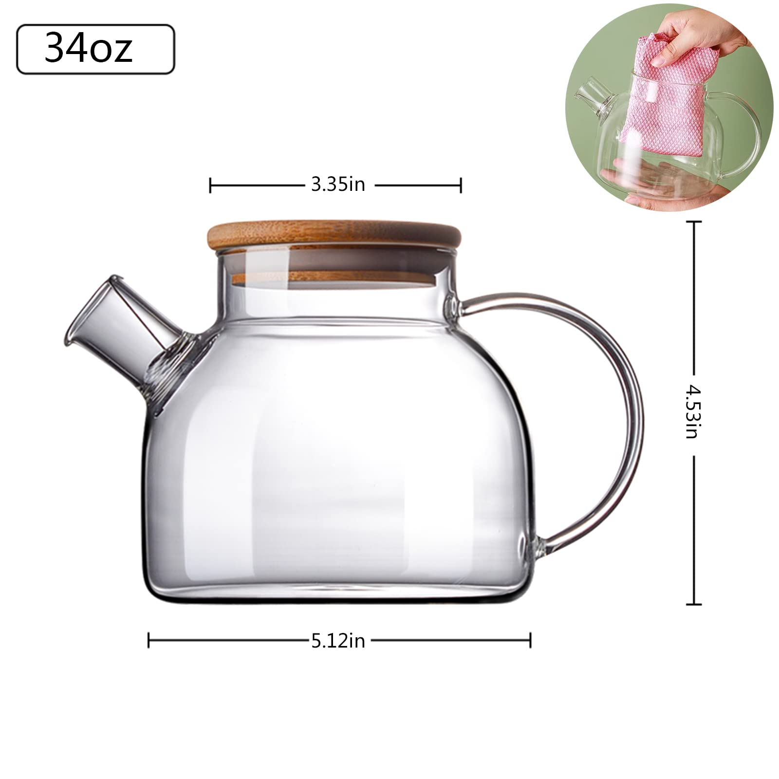 Glass Teapot, Stovetop & Microwave Safe Glass Borosilicate Teapot, Glass Teapot With Strainer, Glass Kettle With Wooden Lid, Loo