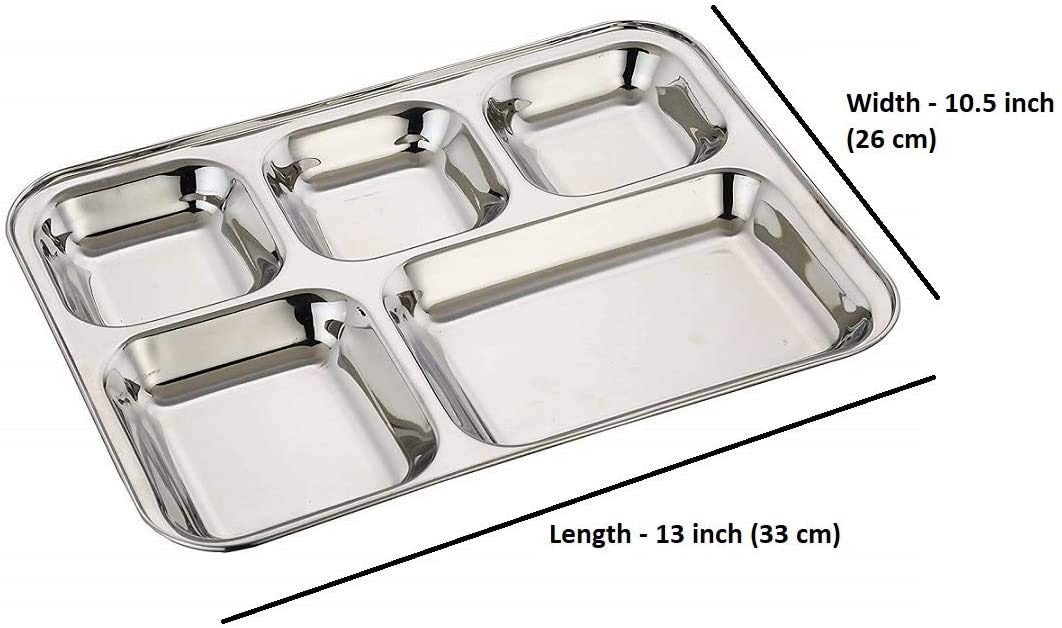 Indiabigshop Stainless Steel Rectangular Thali Plate, 5 Compartment Thali, Mess Trays, Ss Mess Tray Lunch And Dinner, Restaurant