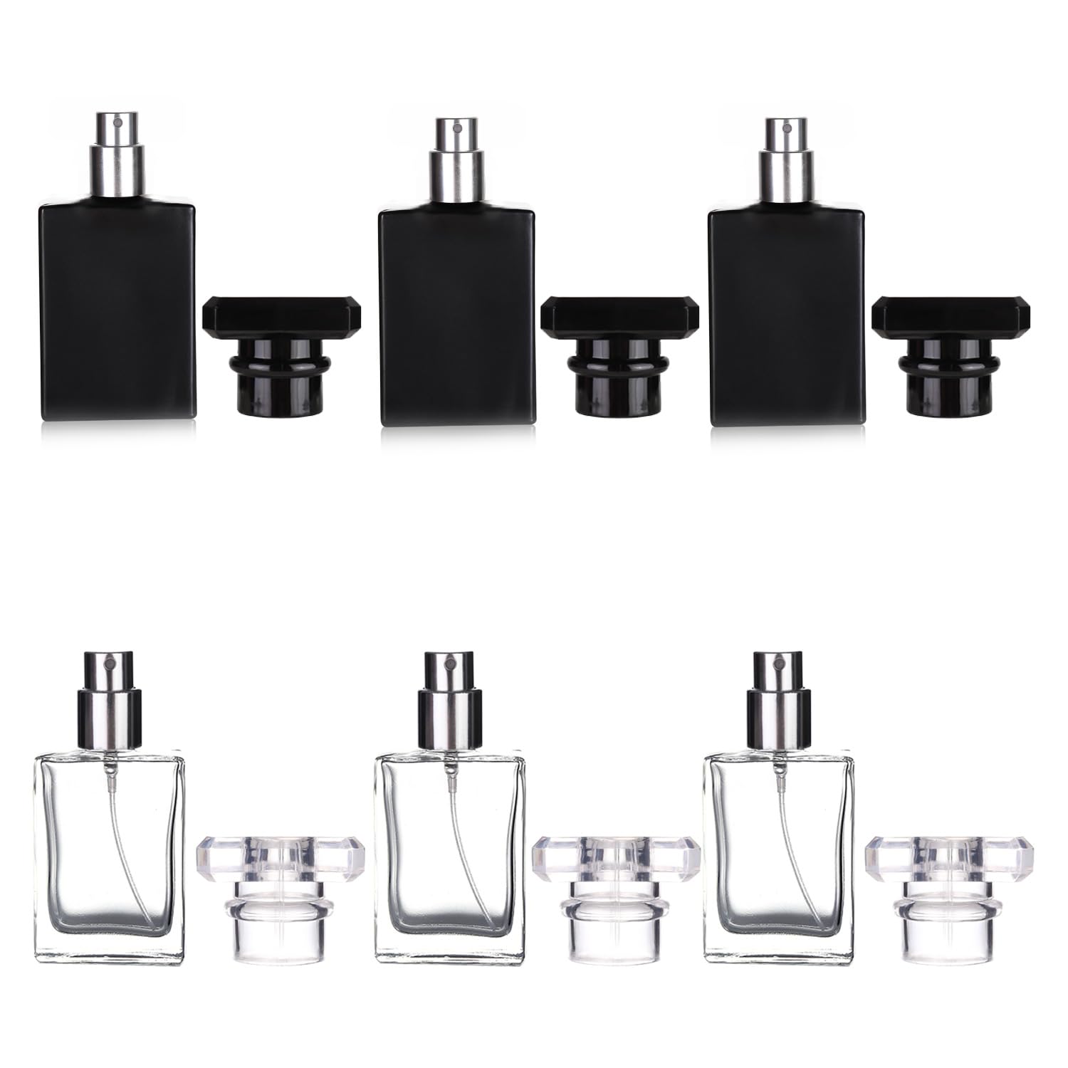 6 Pack 30Ml / 1 Oz Clear Black Refillable Perfume Bottle, Portable Square Empty Glass Perfume Atomizer Bottle Spray Applicator W