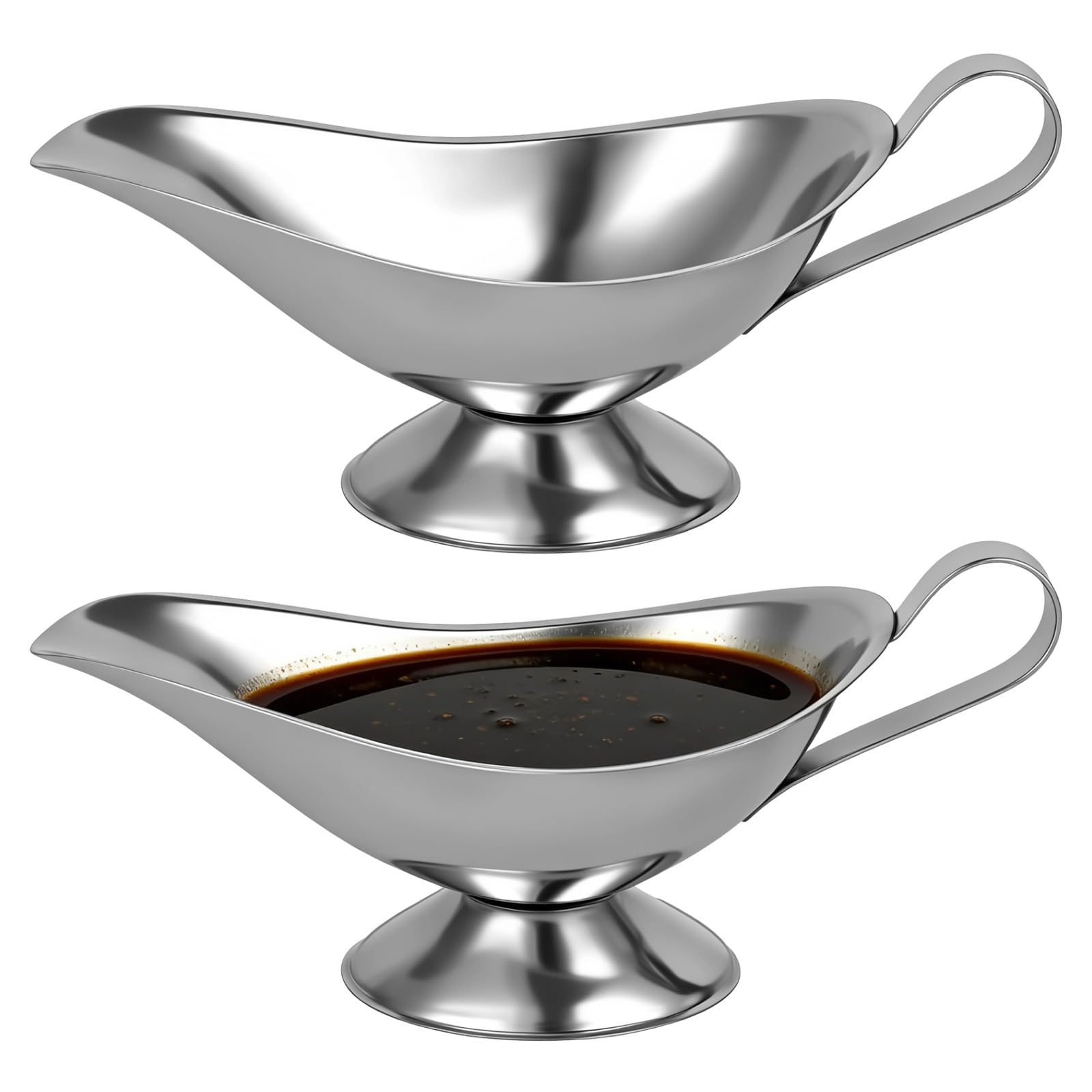 2 Pcs Stainless Steel Gravy Boat Set, 10 fl oz Sauce Ladle Pitcher, Ergonomic Handle and NoDrip Spout, Mirror Polished Sauce Se