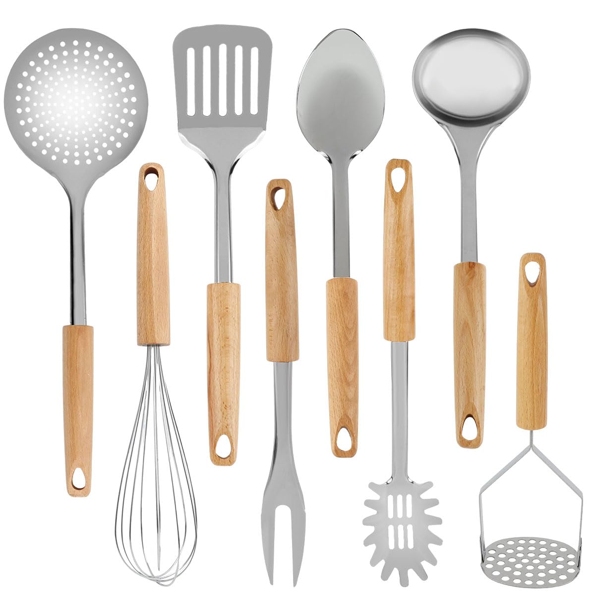 Keewah Cooking Utensil Set, 8 Piece, Stainless steel with Wood Handle