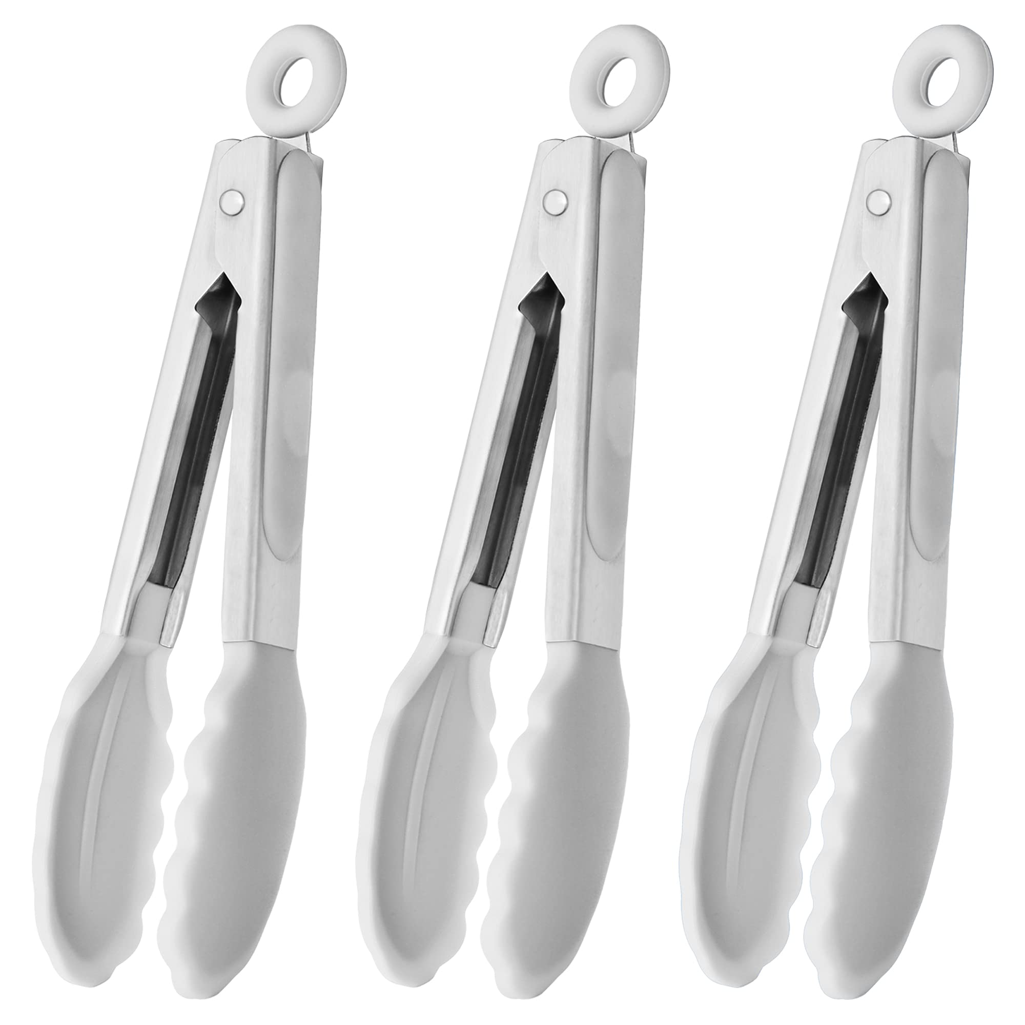 Hinmay Mini Tongs With Silicone Tips 7-Inch Kids Serving Tongs, Set Of 3 (White)