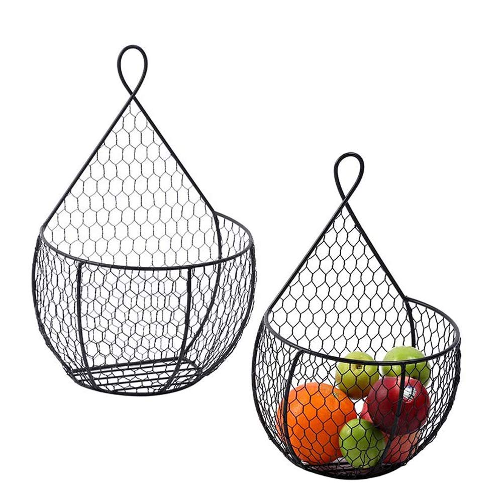 Erytlly Metal Fruit And Vegetable Storage Hanging Basket Wall Mounted, For Kitchen Black Wire Baskets For Flowers, Fruits And Ve