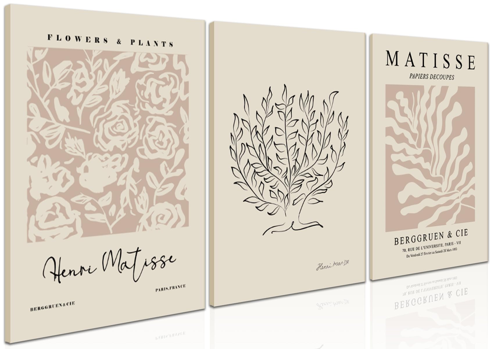Akwish Matisse Aesthetic Canvas Wall Art Set Of 3, Abstract Henri Matisse Beige Neutral Wall Home Decor Boho Flower Abstract Pos