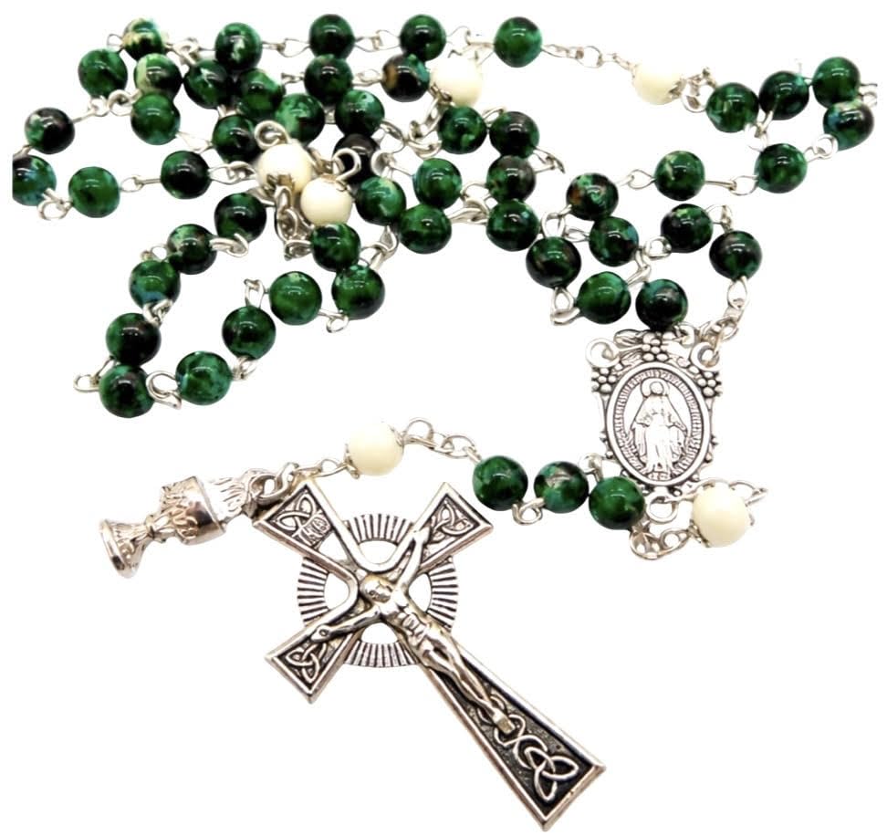 Westmon Works Irish First Holy Communion Rosary with Green Glass Beads and a Celtic Crucifix in a Protective Case