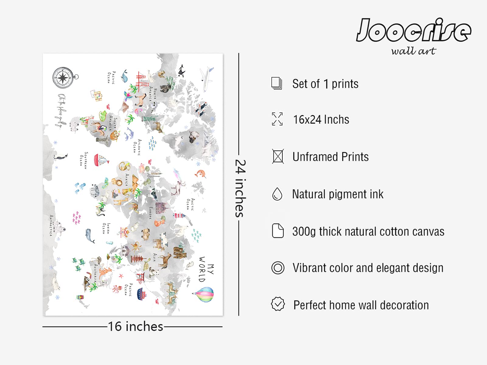 Joocrise Grey Kids World Map Wall Art Animal Map Canvas Wall Art Educational Wall Art Nursery Wall Decor World Map Poster Playro