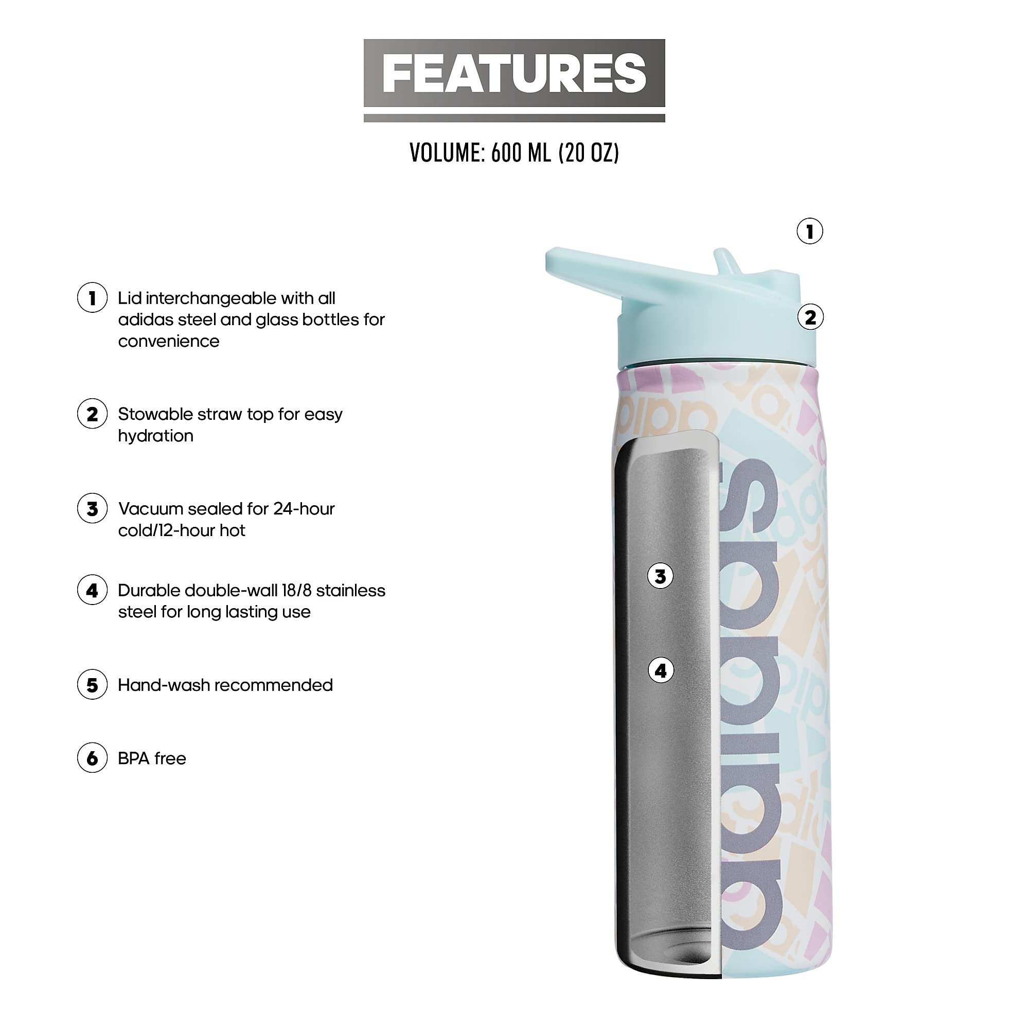 Adidas 600 Ml (20 Oz) Straw Top Metal Water Bottle, Hot/Cold Double-Walled Insulated 18/8 Stainless Steel, Adi Multi Collage/Alm
