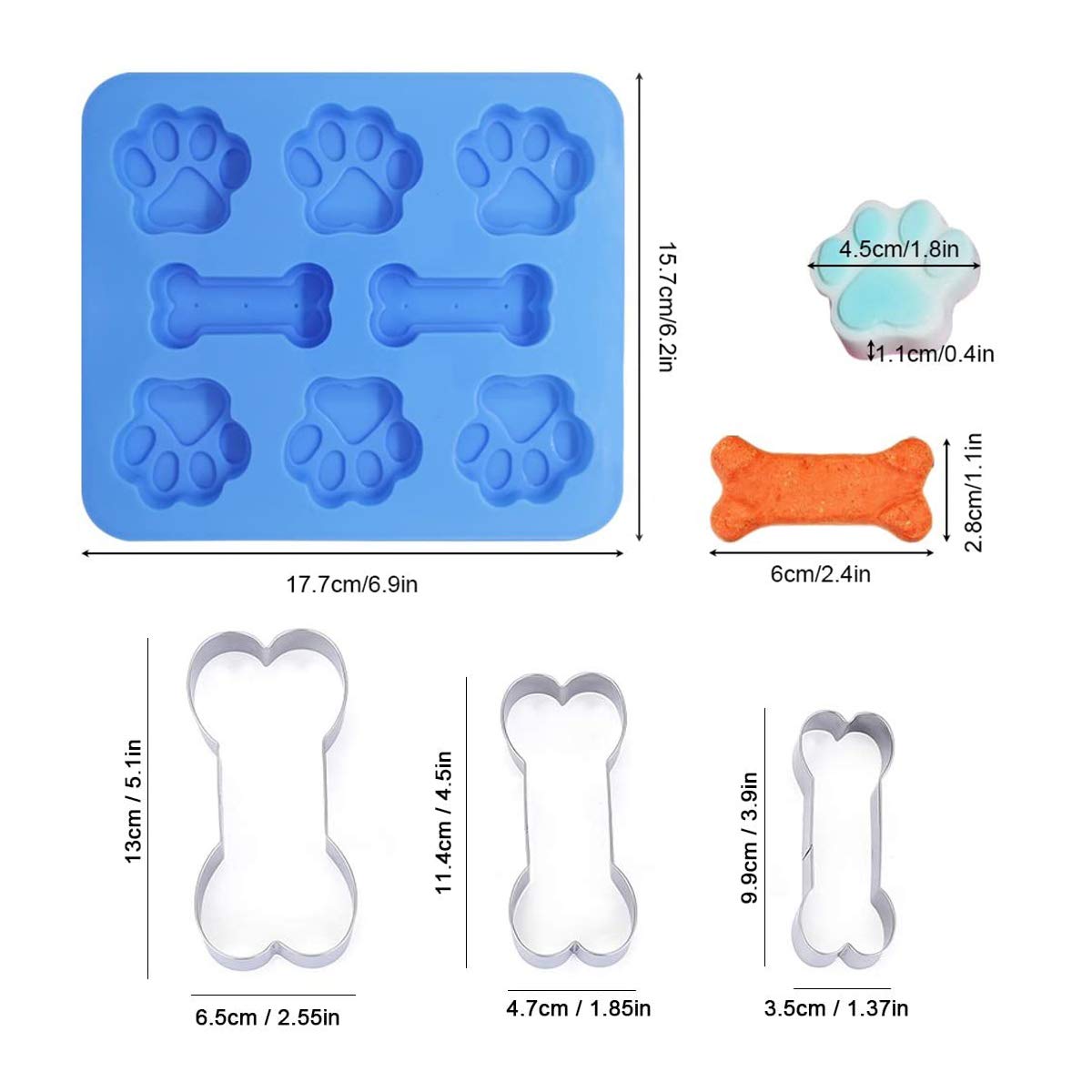 Set Of 5, 2 Packs Silicone Molds Puppy Dog Paw & Bone Shaped 2 In 1 And 3 Packs Stainless Steel Bone Cookie Cutter,For Homemade