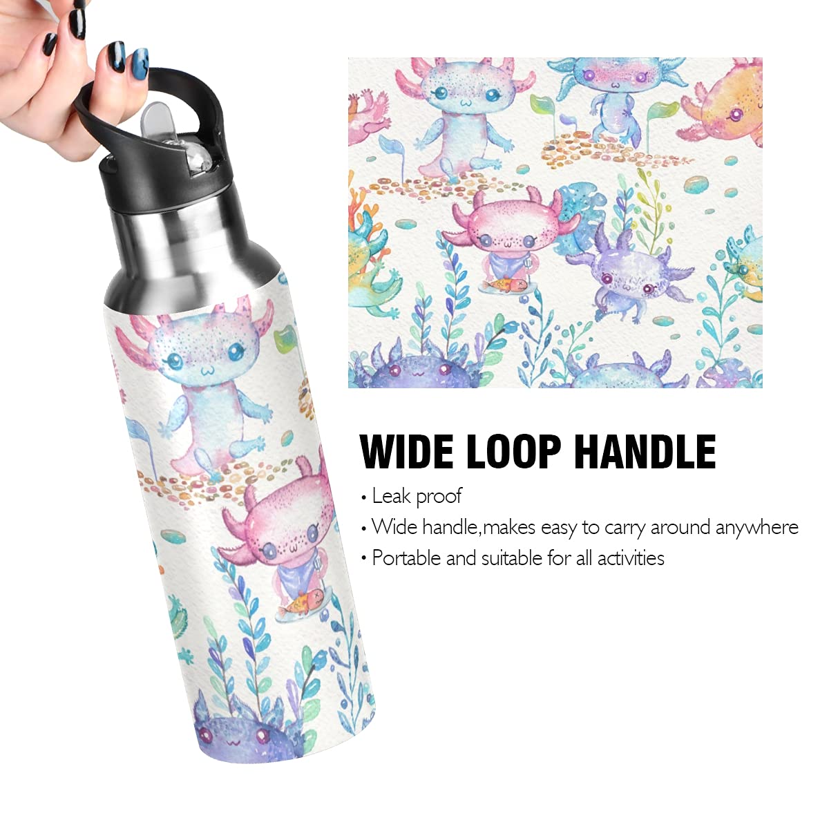 Anyangquji Axolotl Sports Water Bottle, Double Wall Vacuum Insulated Stainless Steel Water Bottle With Straw Keeps Hot And Cold,