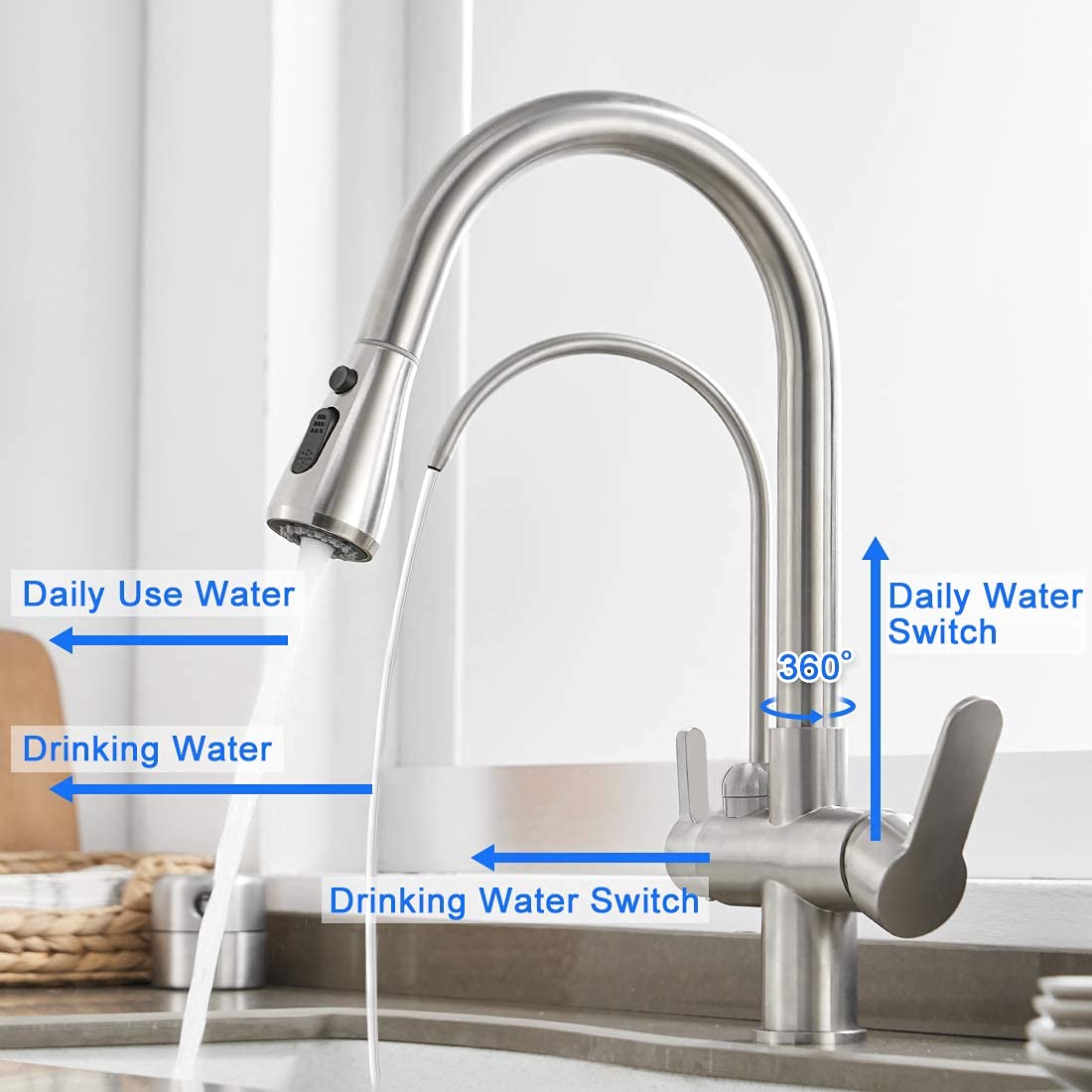 MENATT Filter Kitchen Faucet with Drinking Water Faucet  High Arc Pull Down 3-Way Kitchen Faucet  3 in 1 Sink Cold and Hot Mixer Tap (Brushed Nickel)