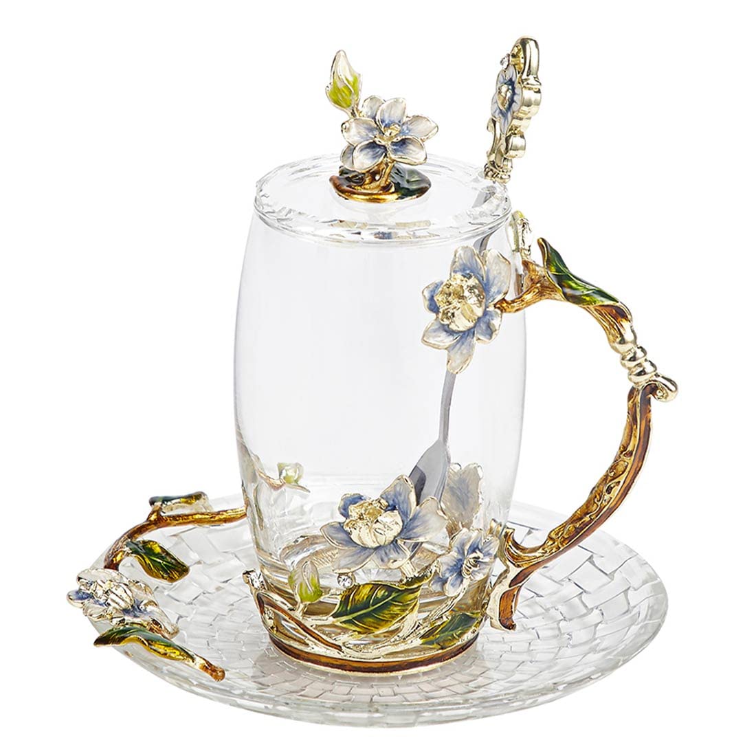 LANTREE Unique Tea Cups Mother's Day Gift Enamels Flower Glass Coffee Mug with Spoon Jasmine Cups Birthday Christmas Gift for Wo