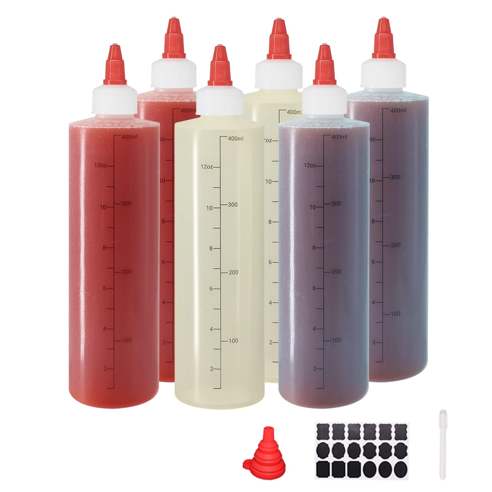 Belinlen 6 Pack 12 Oz Graduated Plastic Squeeze Squirt Condiment Bottles With Red Twist On Cap Lids - For Condiments, Oil, Icing