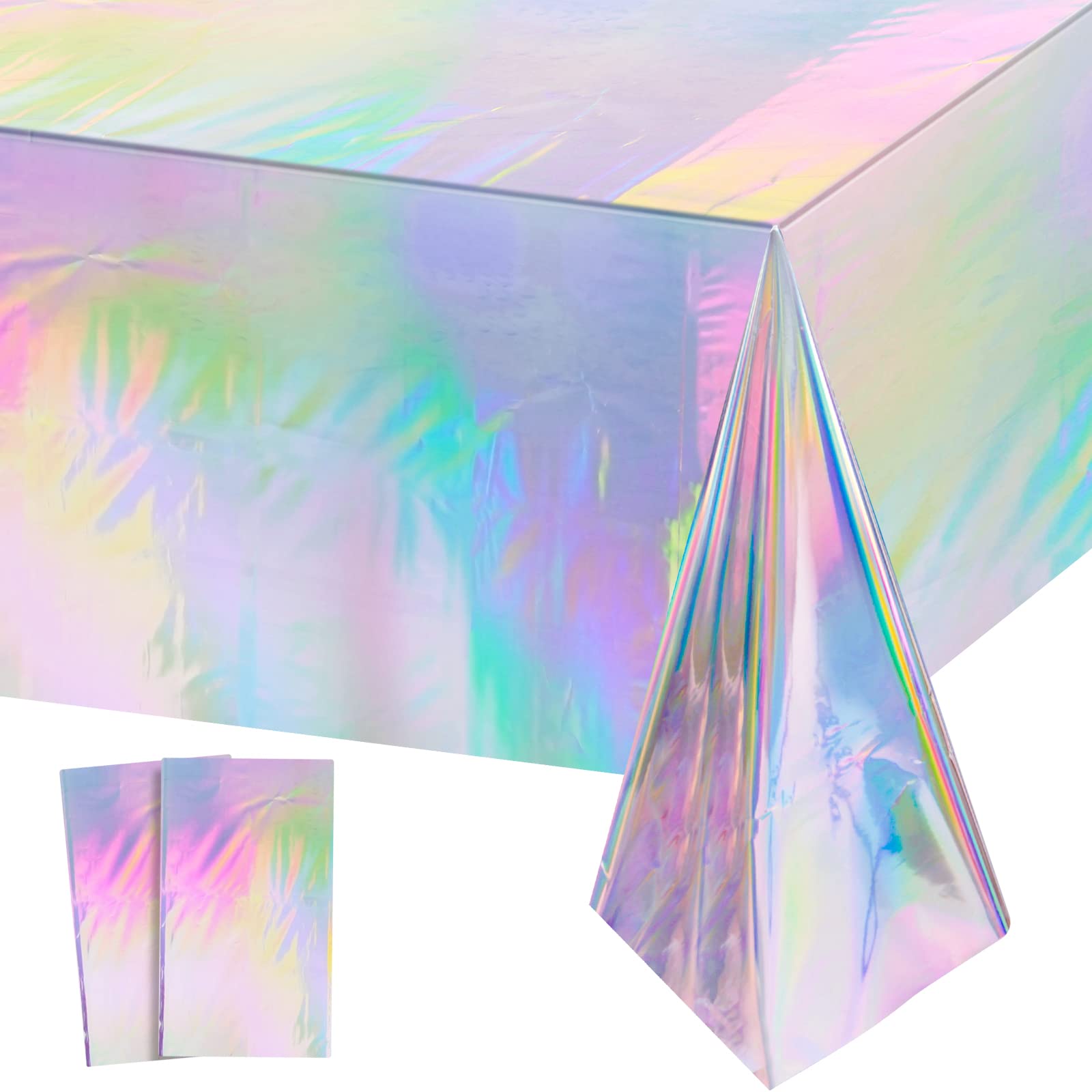 2 Pack Iridescence Plastic Tablecloths Shiny Disposable Laser Rectangle Table Covers Holographic Foil Tablecloth Iridescent Part