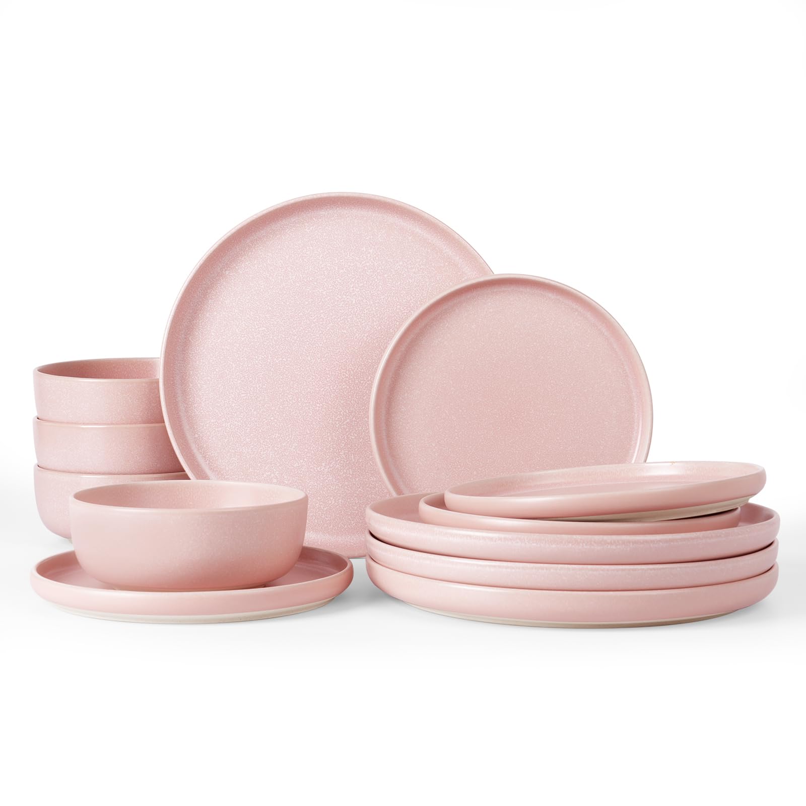 Famiware Milkyway Plates and Bowls Sets, 12 Pieces Dinnerware Sets, Reactive Glaze Dish Set, Stoneware Dishes Set for 4, Light P