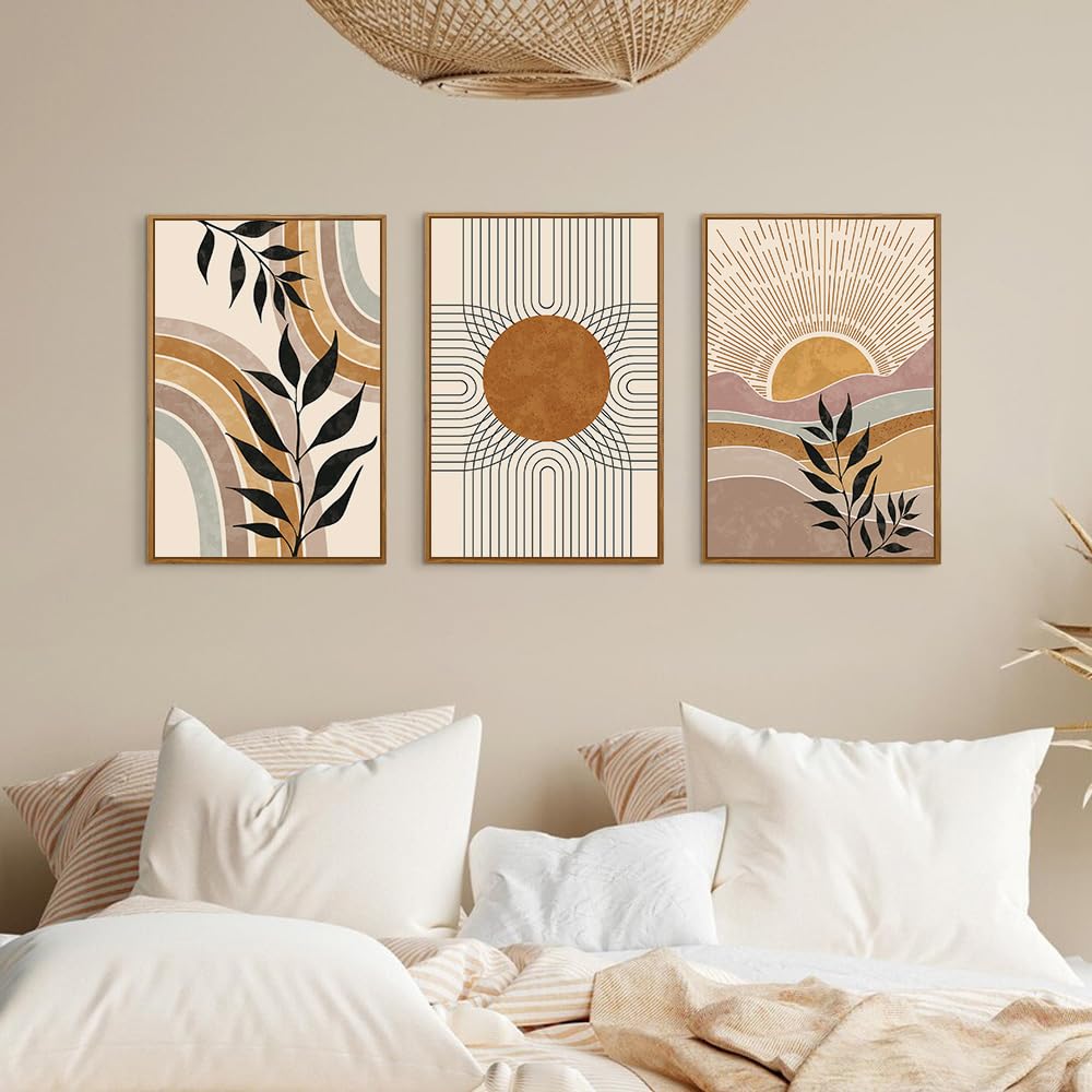 Hpinub Boho Framed Canvas Wall Art Prints, Set Of 3 Mid Century Modern Wall Decor, Nature Plants Desert Sun Art Paintings, Bohem