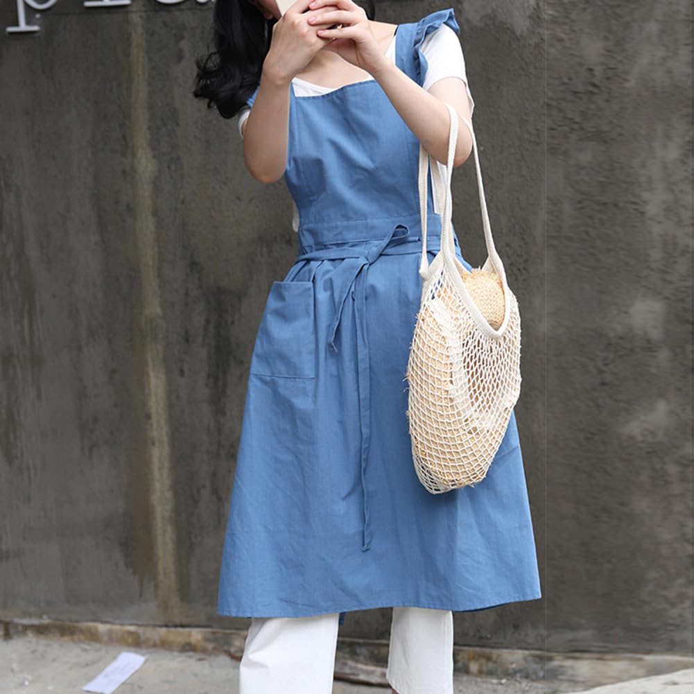 Obeeii Cotton Linen Apron For Women Girls Cross Back Kitchen Cooking Aprons With Pockets Vintage Baking Gardening Work Apron Pin