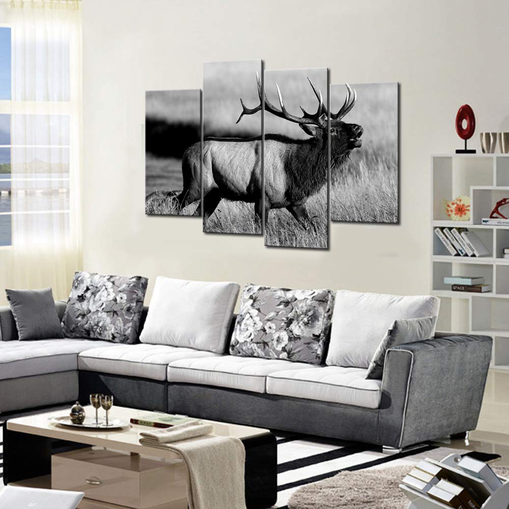Levvarts - 4 Piece Animal Picture Black And White Bull Elk Canvas Wall Art Painting For Living Room Home Office Decor Modern Wil