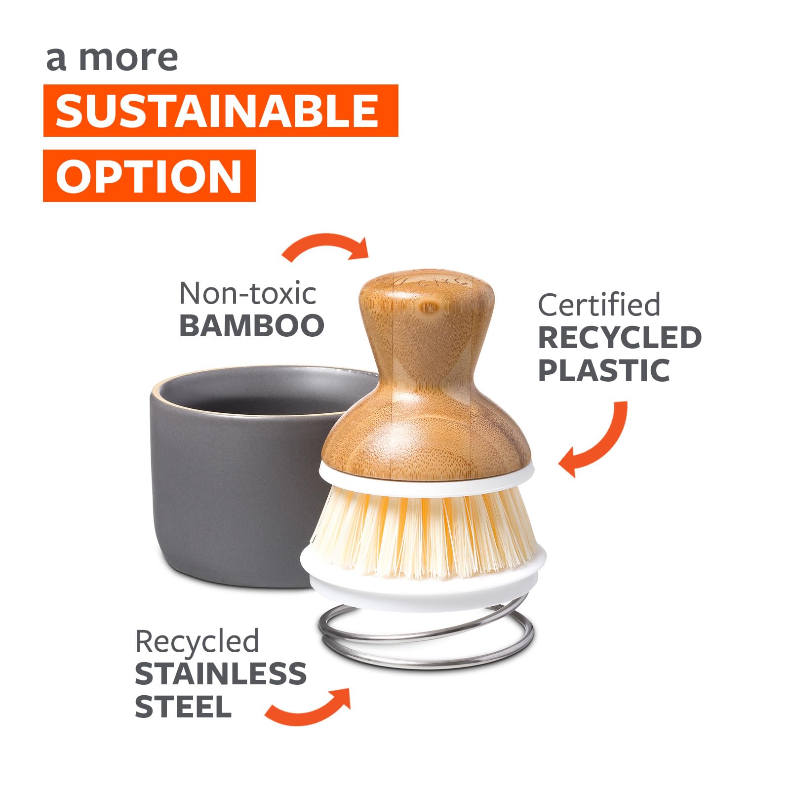 Full Circle Bubble Up Ceramic Soap Dispenser & Bamboo Gray Ergonomic Bamboo Handle  Dish Brush + Dispenser  Grey/White