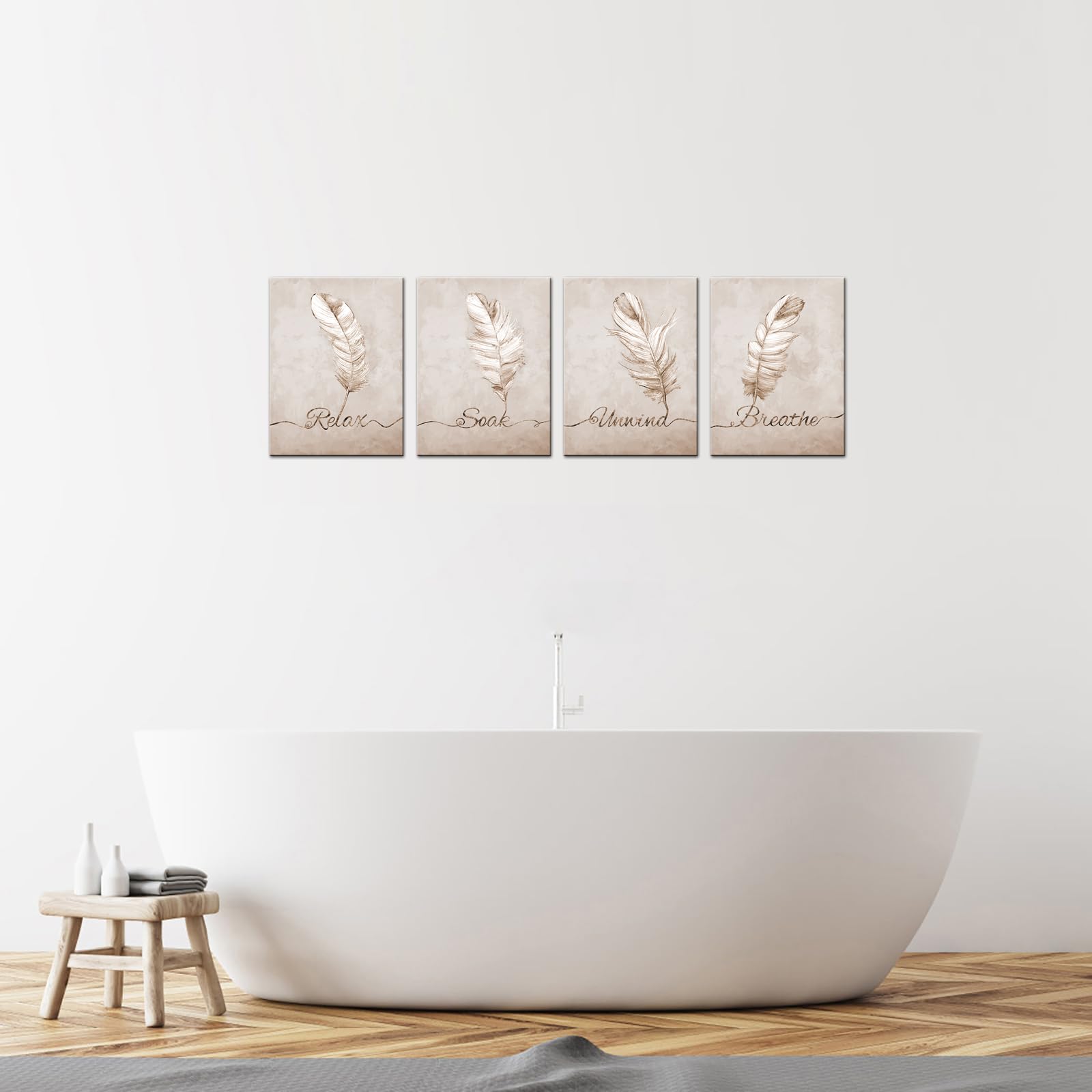 Nachic Wall - Beige Canvas Wall Art Feather Painting Picture Poster Relax Soak Unwind Breathe Sign Bathroom Decor