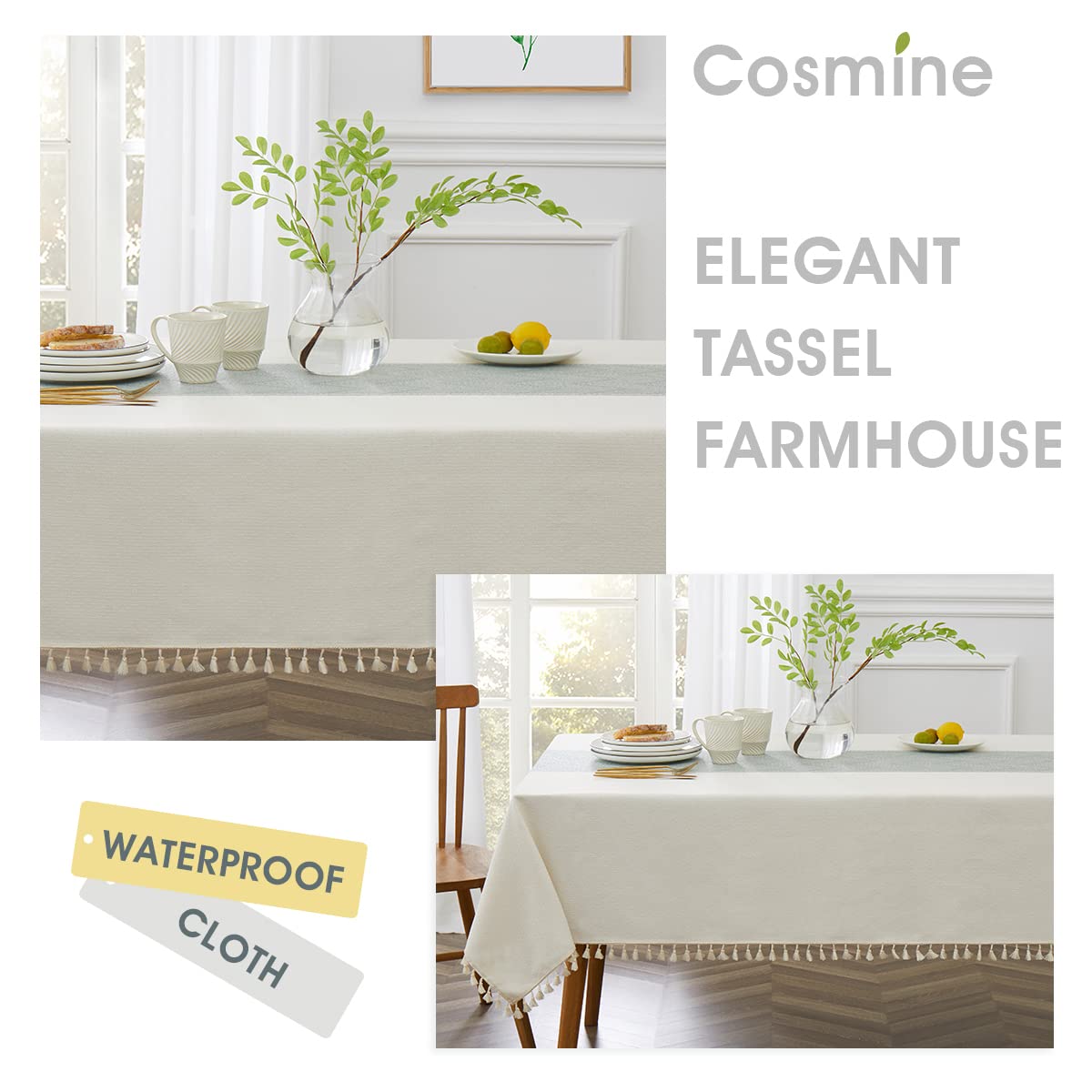 Cosmine Rectangle Table Cloth,Linen Farmhouse Tablecloth Heavy Duty Fabric,Washable Embroidery Table Cloths With Tassel,Decorati