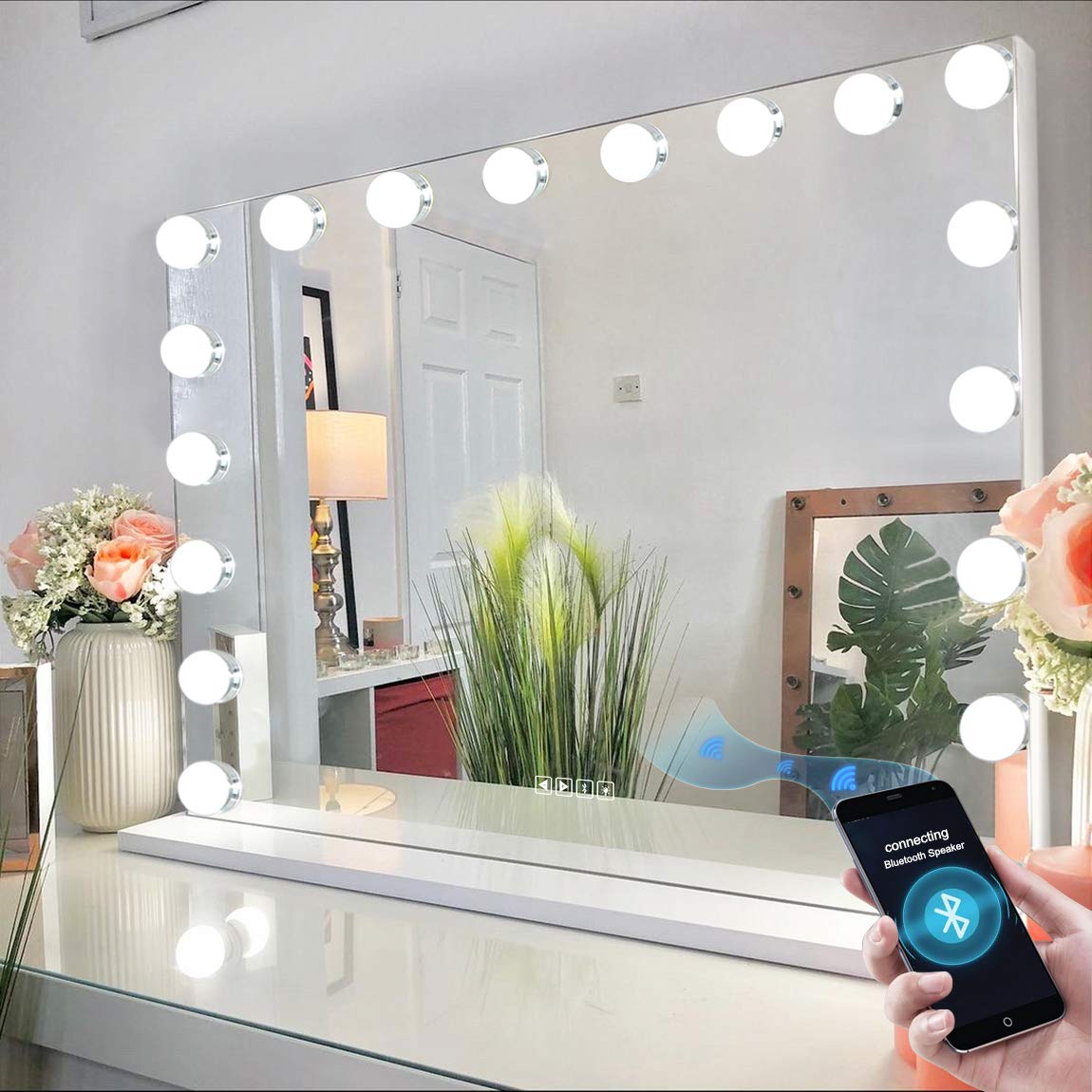 Bobening Vanity Mirror For Makeup Bluetooth, Extra Large Hollywood Lighted Mirror With 18 Dimming Led Bulbs Smart, Tabletop/Hang