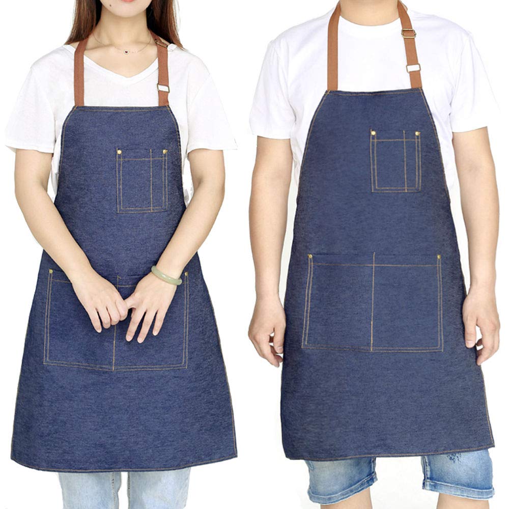 Eodiebn Apron With Pockets Dirt-Resistant Durable Blue Denim Kitchen Cooking Drawing Garden Working Grilling Apron For Women Men
