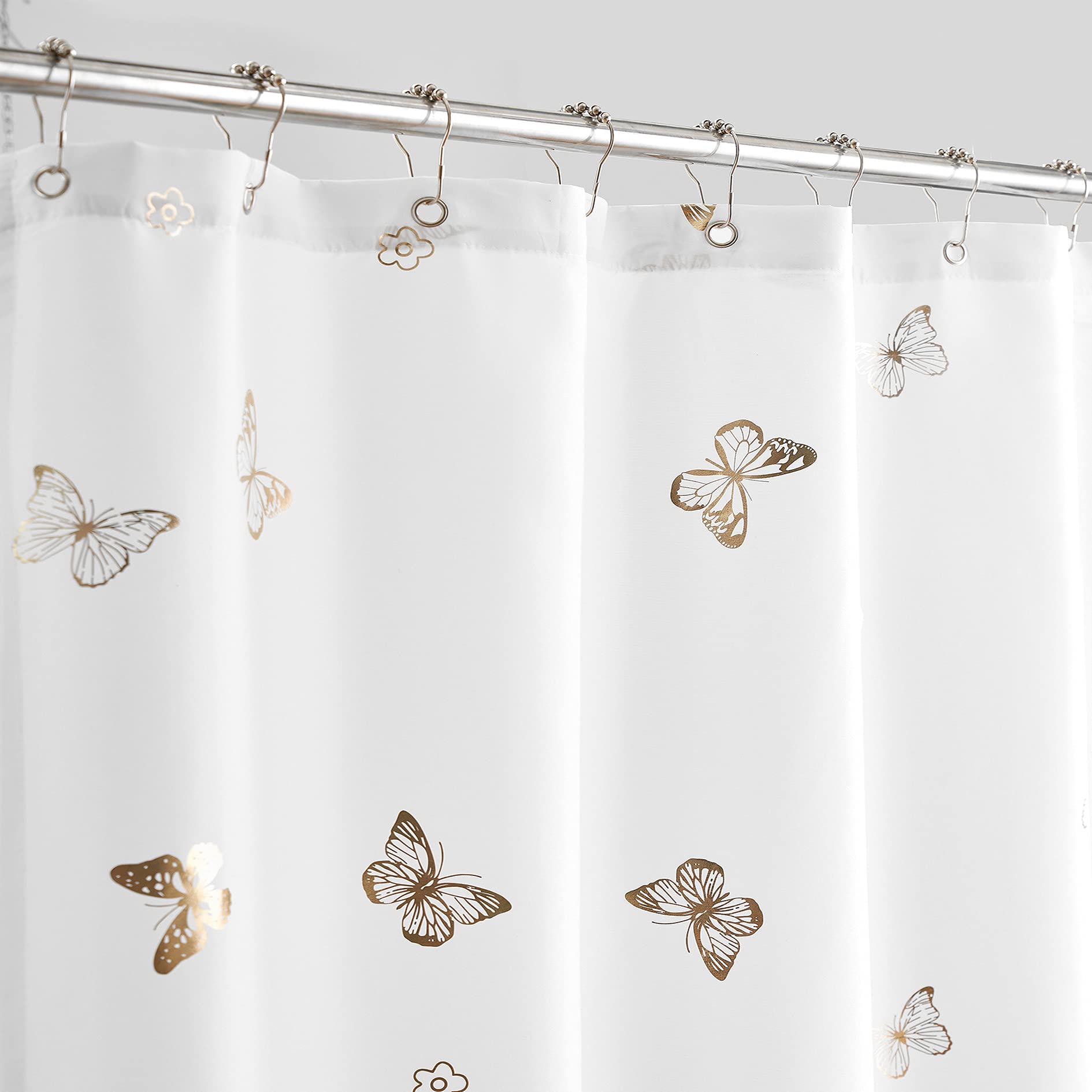 Jubilantex White Gold Butterfly Floral Shower Curtain for Bathroom Decor Luxury Washable Waterproof Fabric for Bathtub Hotel Spa 70x72 Inches