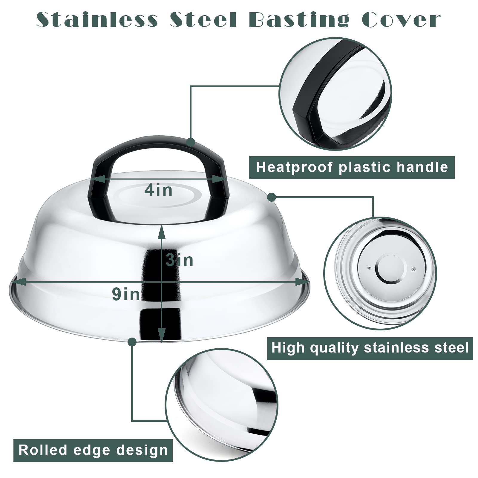 9In Cheese Melting Dome, Hasteel 4Pcs Stainless Steel Round Basting Cover, Lightweight Steam Cover Lid With Plastic Handle, Dura