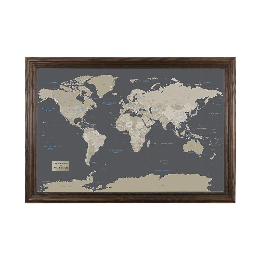 Personalized Earth Toned World Push Pin Travel Map With Solid Wood Brown Frame And Pins - 27.5 Inches X 39.5 Inches
