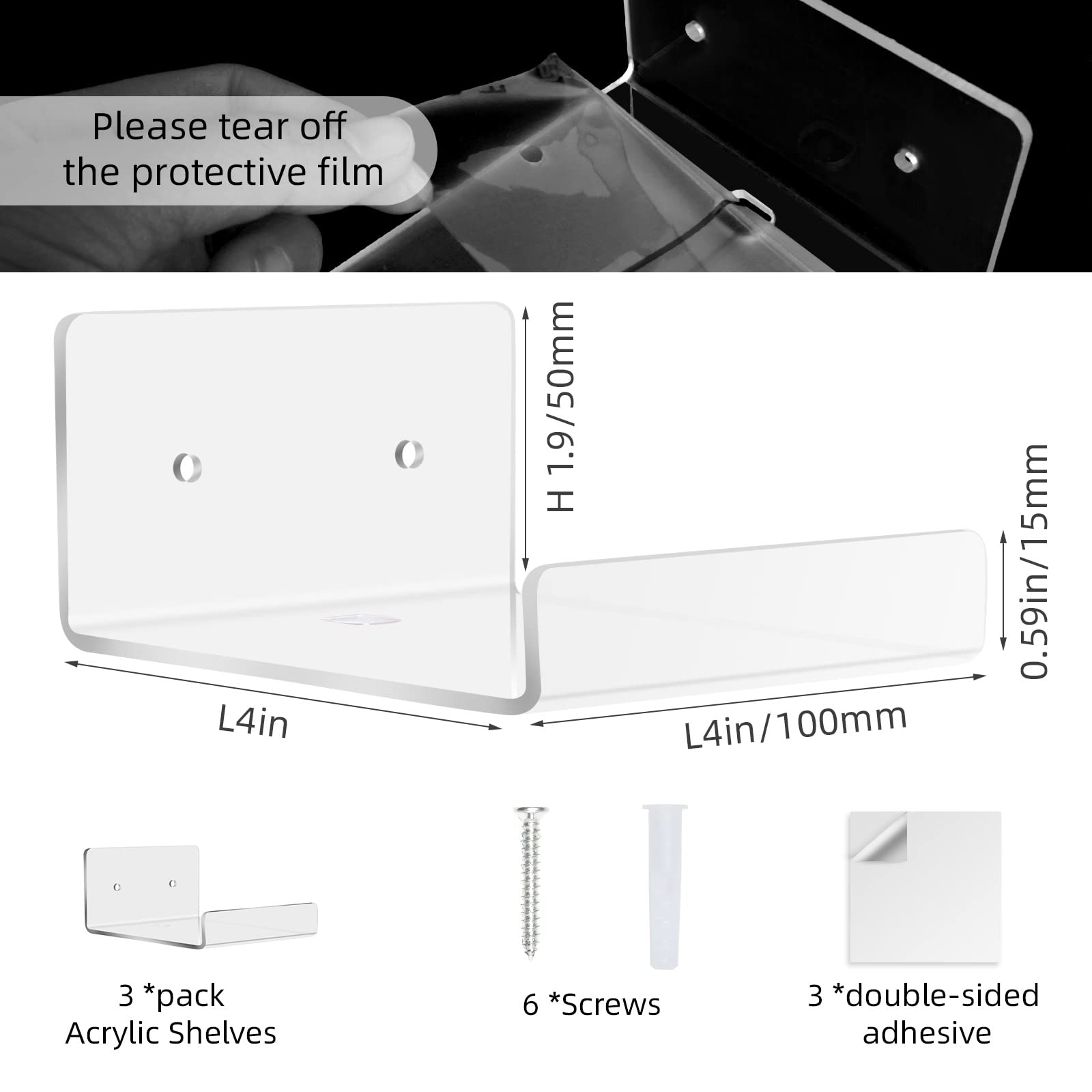 Douildhaiy 3 Pack Acrylic Small Floating Shelf For Wall Storage,4'' Clear Mini Adhesive Shelf For Living Room,Bathroom,Bedroom (