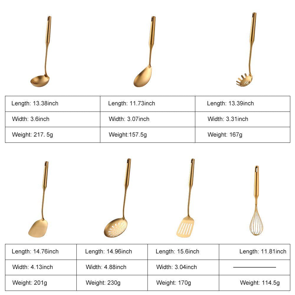 Kitchen Utensil Set -7Pcs Gold 18/8(304) Stainless Steel -Wide Spatula,Soup Ladle,Strainer Ladle,Slotted Spatula,Spaghetti Serve