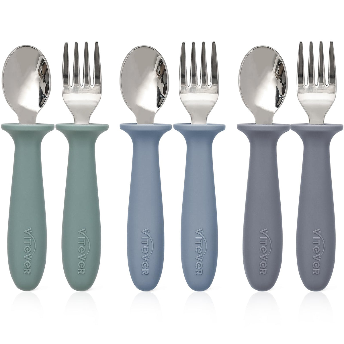 6 Pieces Toddler Utensils, Kids Safe Spoons and Forks, Children Silverware Set with Silicone Handle, 18/8 Stainless Steel, Food-