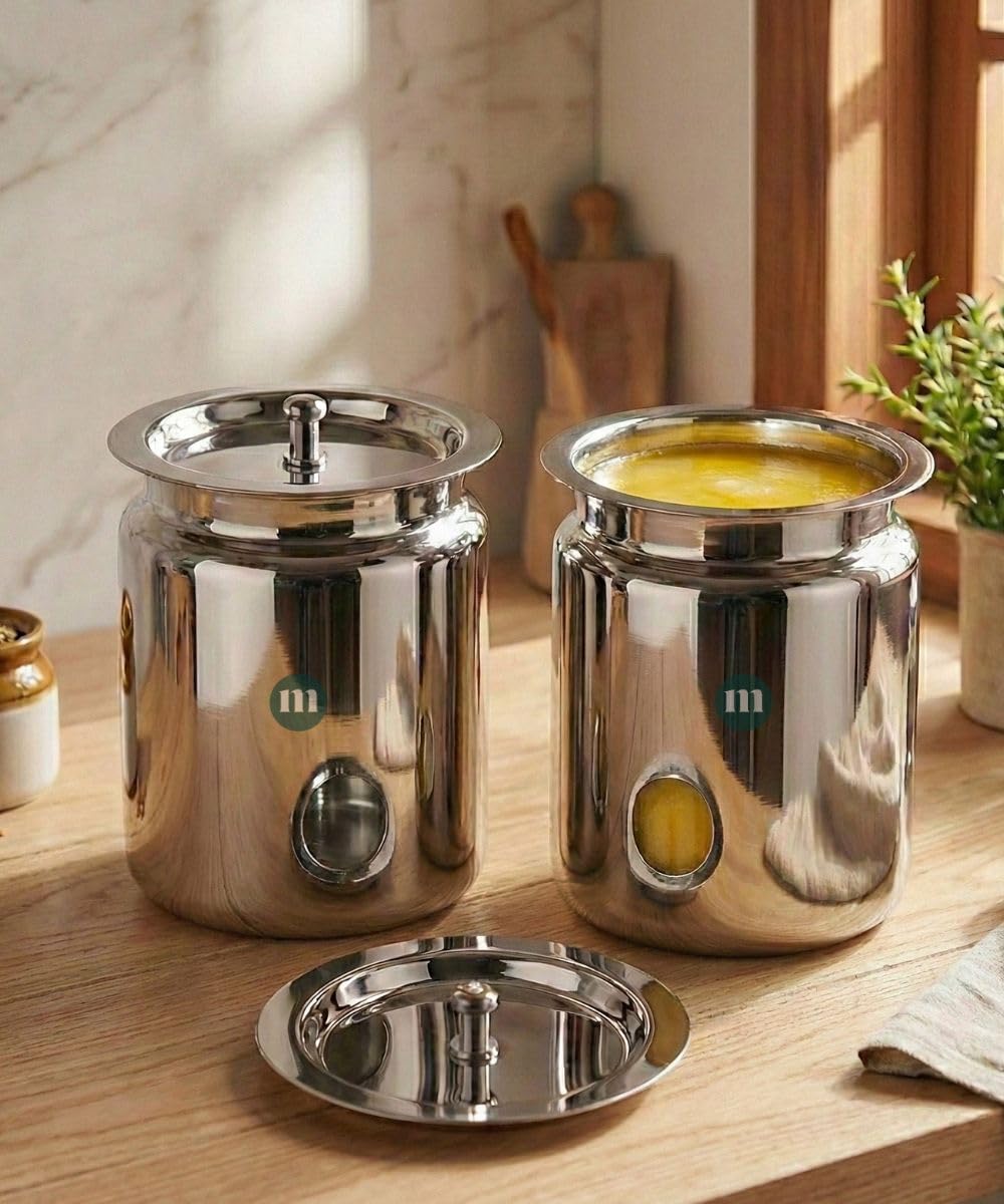Maru Stainless Steel Ghee Pot Container  Set Of 2 Pcs | Ghee Dispenser For Home | Multipurpose Oil Containers For Kitchen Steel