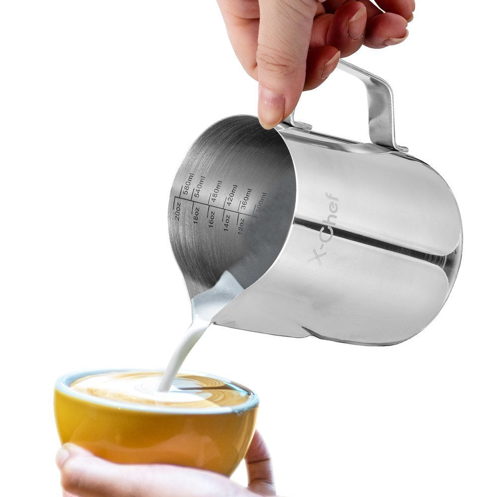 Milk Frothing Pitcher, X-Chef Milk Frother Cup, 20 Oz, Metal Frothing Cup Stainless Steel, Milk Steaming Pitcher Espresso Coffee