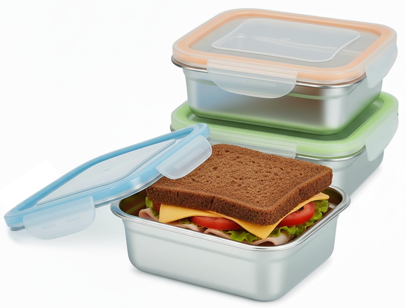 Set of 3 Stainless Steel Sandwich Containers - Food Grade Metal Base with a BPA Free Leakproof & Airtight Silicone Seal Lid. Gre