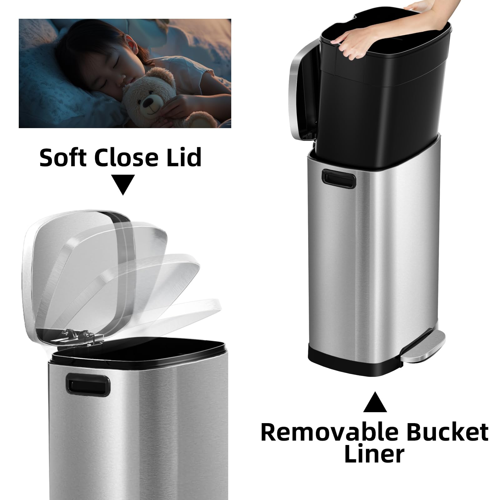 Kdbk 13 Gallon Trash Can With Lid, 50L Fingerprint Proof Stainless Steel Kitchen Trash Can With Removable Inner Bucket And Lid S