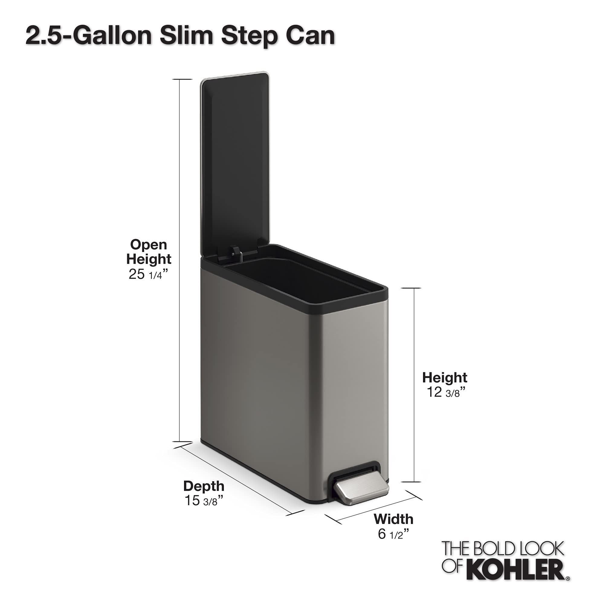KOHLER 20957-STW 2.5 Gallon Slim Step Trash Can  Bathroom Trash Can with Soft-Close Foot Pedal  White with Stainless Steel