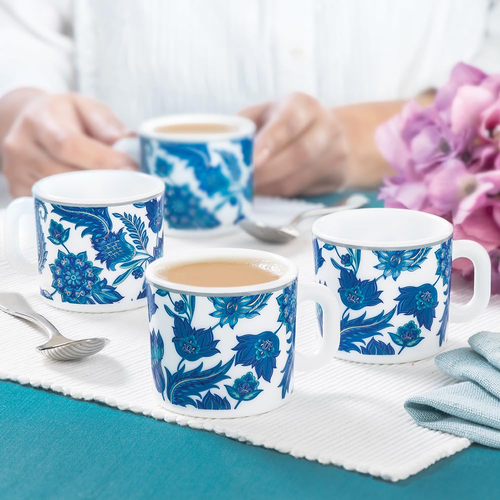 Larah by BOROSIL 100ml x 6pc Opalware New Iris Tea/Coffee Mug Set, Microwave & Dishwasher Safe Embossed Design Crockery Set Idea