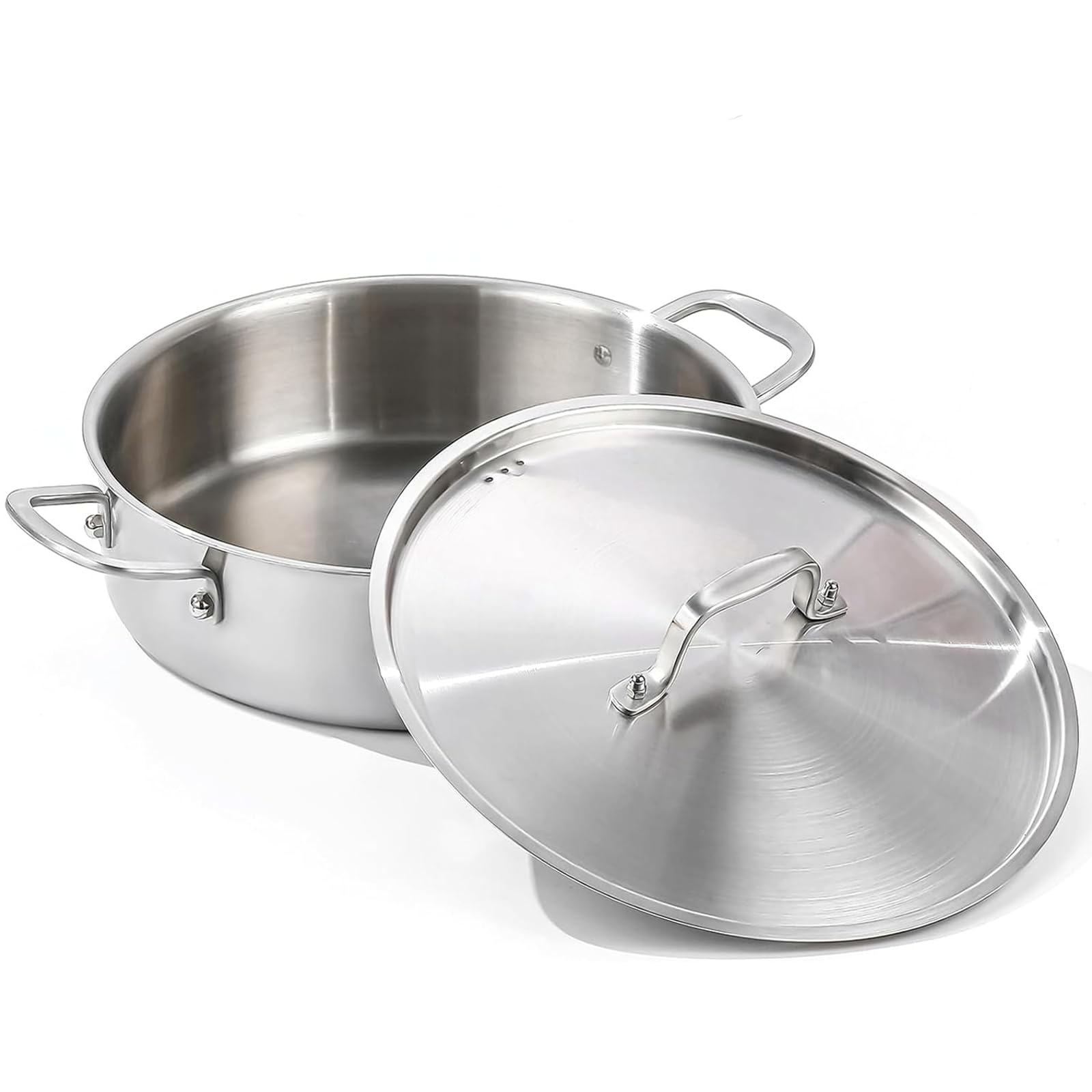 DELARLO Tri-Ply Stainless Steel 5 Quart Braiser Pan with Lid Induction Rondeau Pot With Lid 12inch Deep Frying Pan Large Saute P