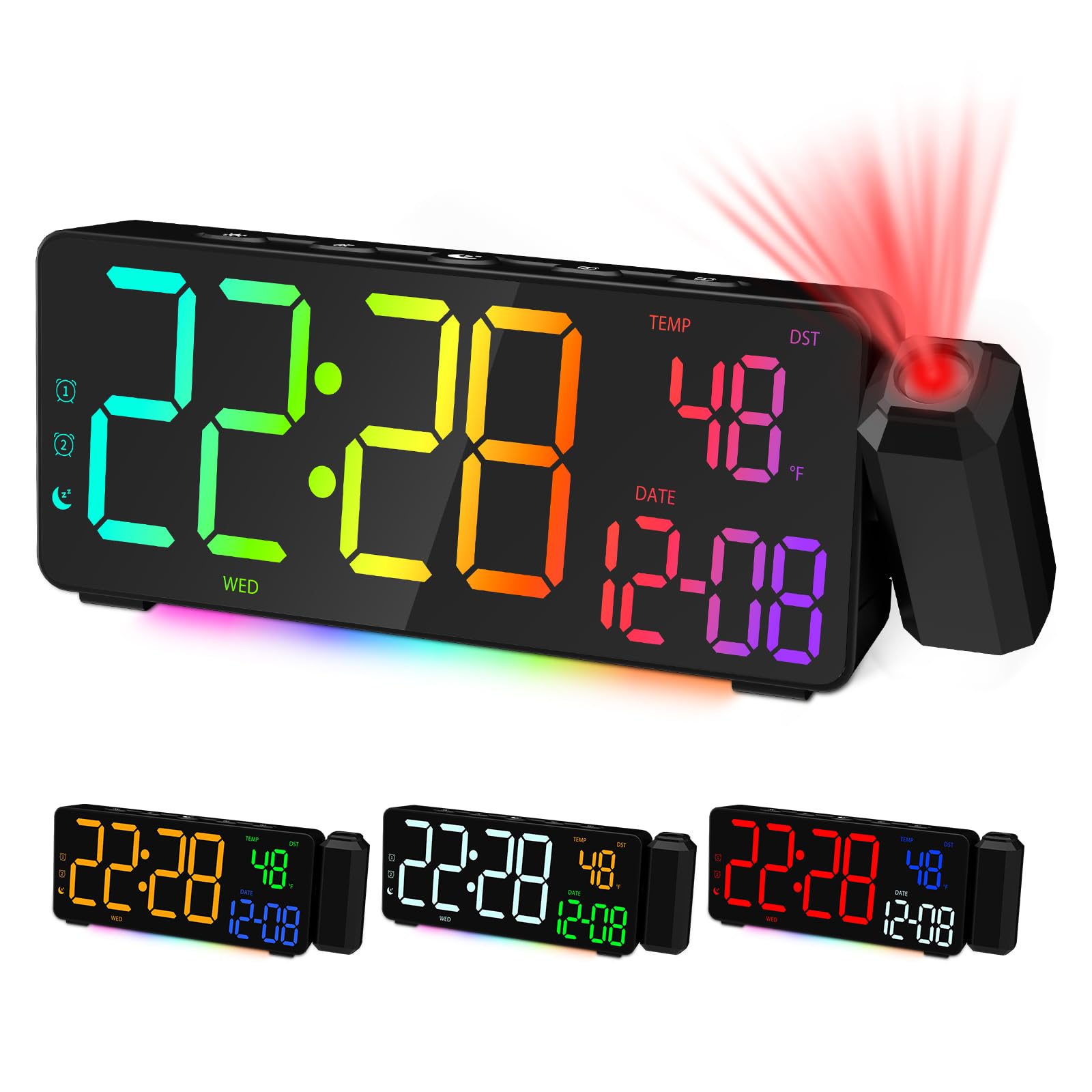 EVILTO Projection Alarm Clocks, RGB Desk Clock with 180 Rotatable Projector 15 Color Display, Date Temperature and Weekday, DST,