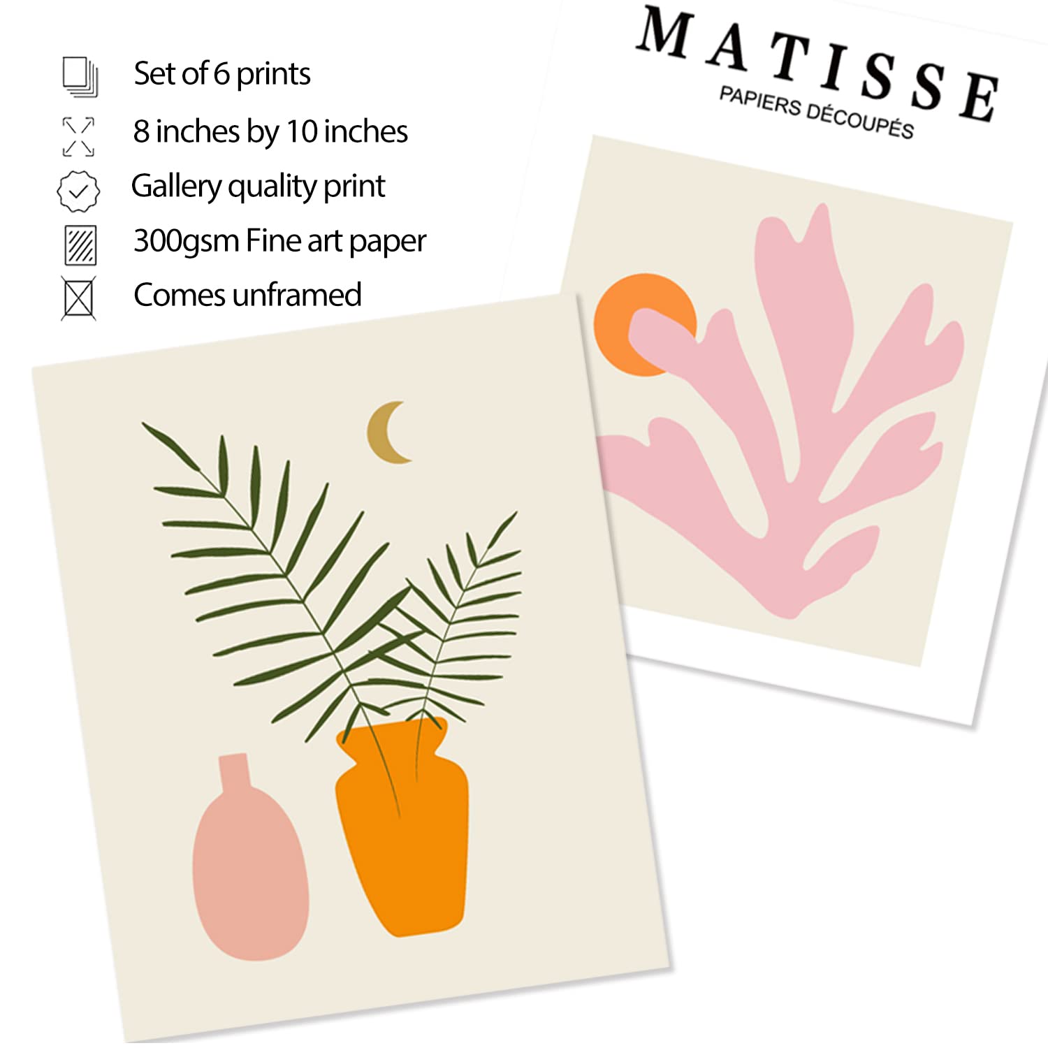 Xbygimi Matisse Wall Art And Boho Wall Prints Unframed, Minimalist Aesthetic Images Decor, Pink Print Set, Orange Posters For Ro