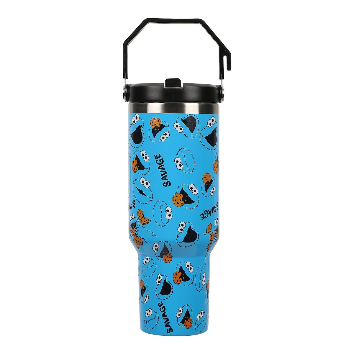 Bioworld Sesame Street Cookie Monster AOP 40 Oz. Vacuum Sealed Stainless Steel Tumbler With Carry Handle
