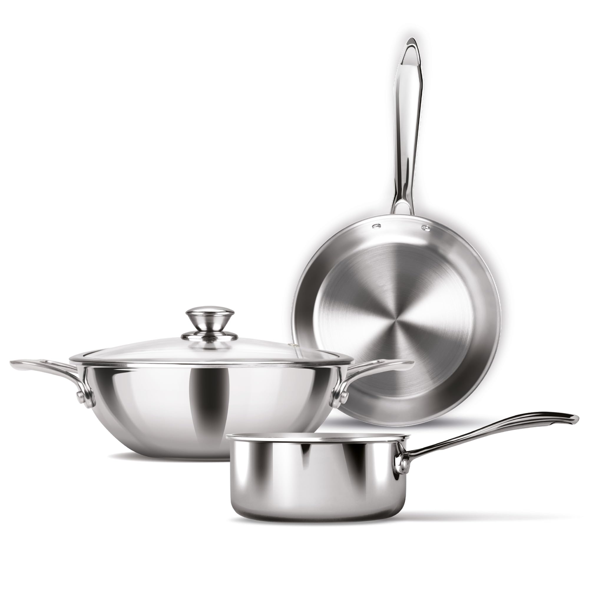 Milton Procook Triply Induction Base Cookware Set Of 3 Stainless Steel |Sauce Pan 14 Cm, Fry Pan 24 Cm, Kadhai 24 Cm With Glass 
