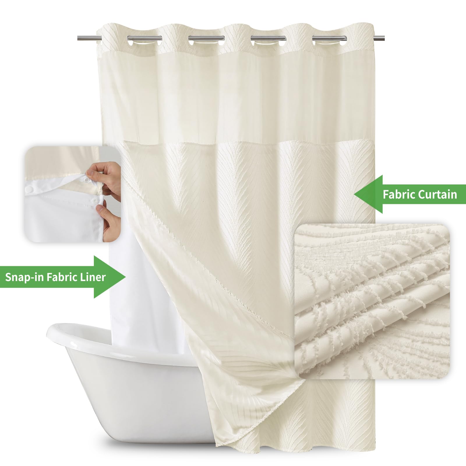 Eachope No Hook Shower Curtain And Liner Set,Boho Style With See Through Top Window, Cream Fabric Tufted Striped Textured Outer