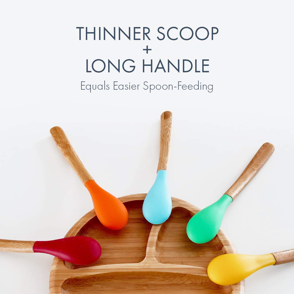 Avanchy Infant Baby Spoons Bamboo and Silicone Set  Self Feeding Food Utensils  4 Months Baby Led Weaning  5 Pack  With Blue Spoon