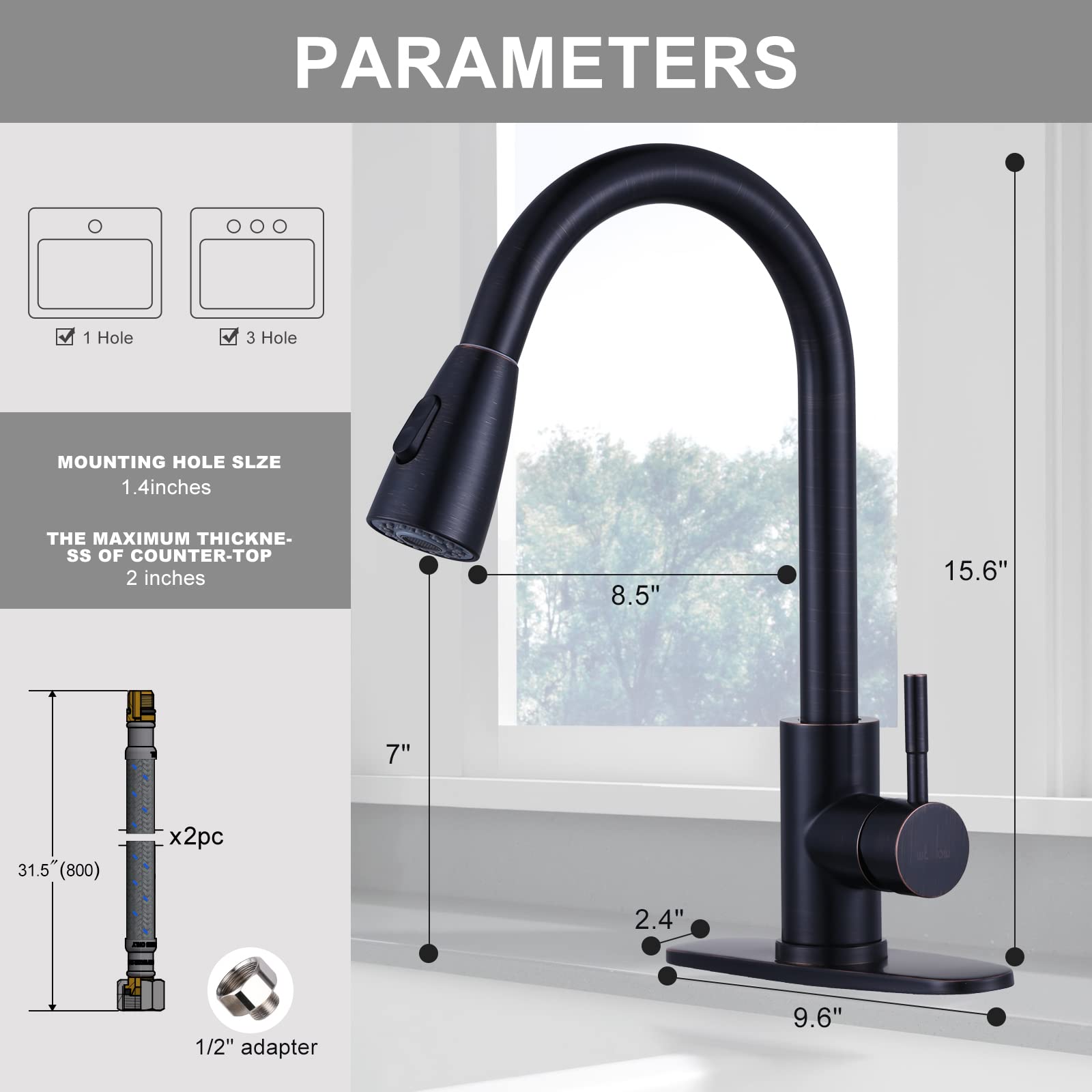 WOWOW Oil Rubbed Bronze Kitchen Faucet with Sprayer  SUS 304 Stainless Steel Kitchen Sink Faucet  High Arc Single Handle Kitchen Faucets with Pull Down Sprayer  Pull Out Kitchen Faucet with Deck Plate