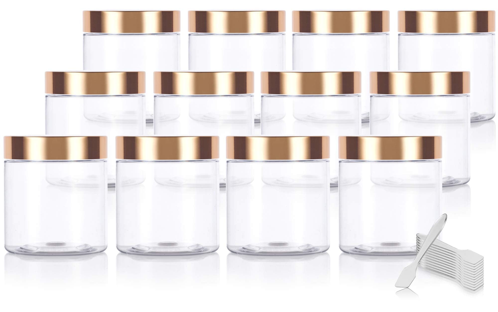 8 Oz / 240 Ml Clear Pet Plastic (Bpa Free) Refillable Jar With Luxury Gold Metal Overshell Lid (12 Pack) + Spatulas