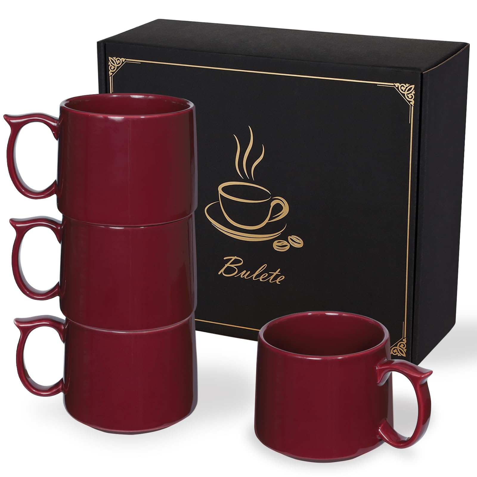 BULETE Coffee Mugs Gift Set of 4, Large 19 oz Stackable Ceramic Coffee Mug, Coffee Cups with Large Handle for Latte, Cappuccino,